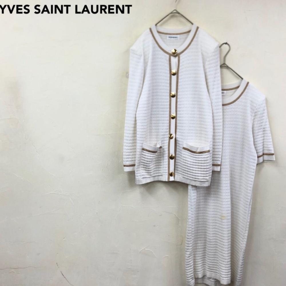 YVES SAINT LAURENT  Vintage beautiful set dress and cardigan white and gold.